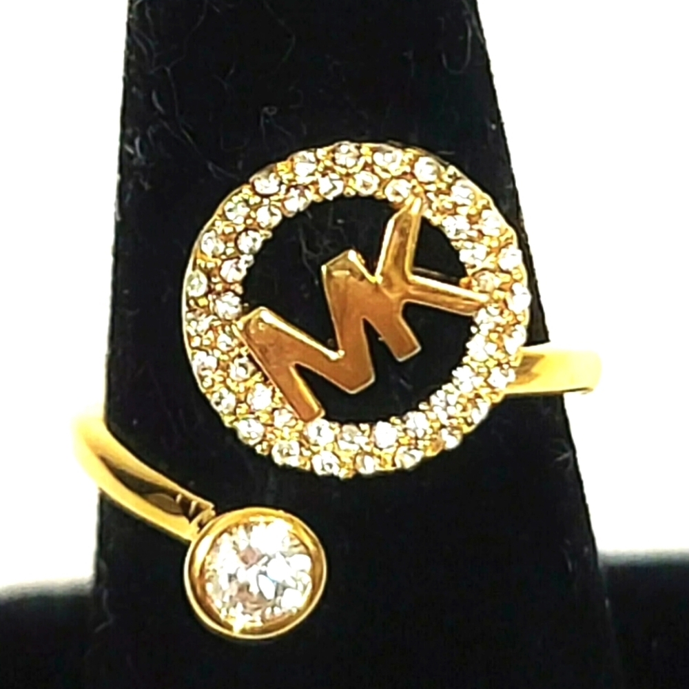MICHAEL KORS MK Logo Yellow Gold Ring Crystals Pave MKJ7328710 Size 8